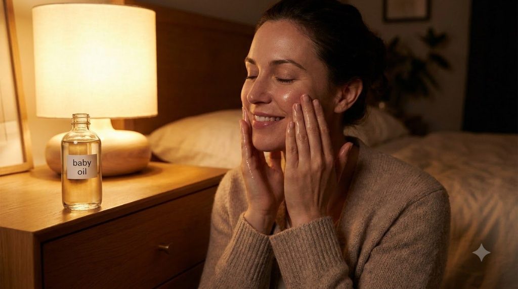 A woman gently massaging baby oil onto her face as part of a nighttime skincare routine