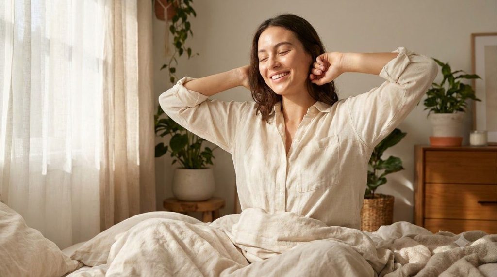 A woman with visibly smooth glowing skin after an overnight beauty routine