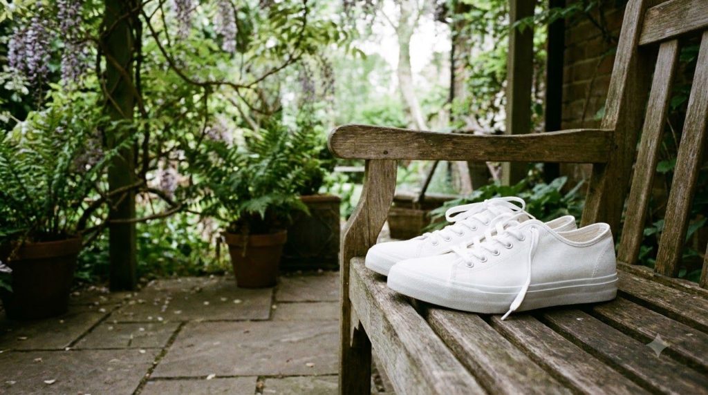 A pair of sparkling clean white sneakers drying in a well-ventilated shaded outdoor area perhaps on a porch or balcony l