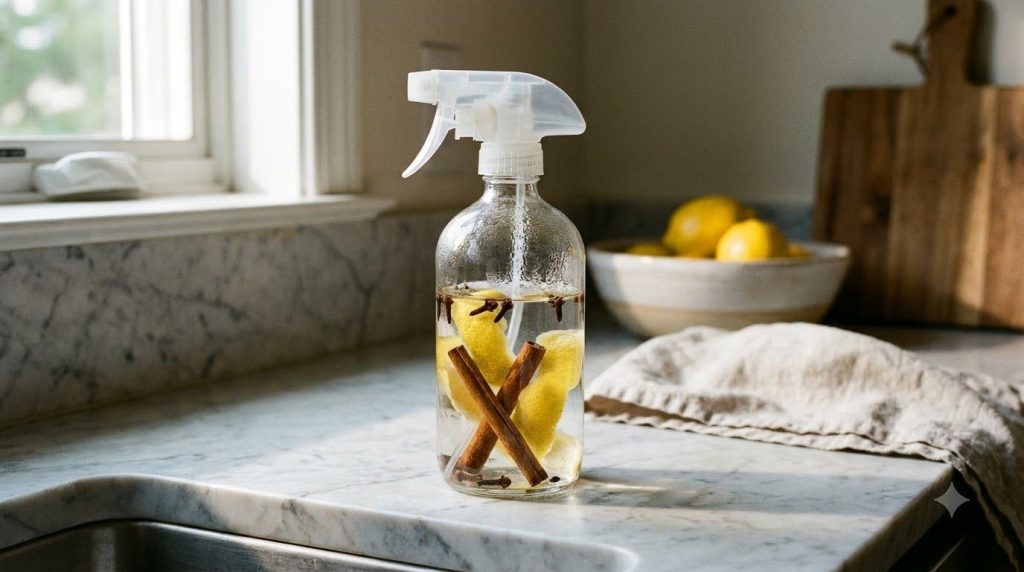 A clear spray bottle with lemon peels cinnamon sticks and cloves inside ready to receive liquid