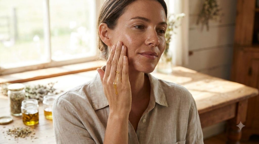 A close-up of hands gently massaging the oil blend onto the face showing a soft glowing complexion