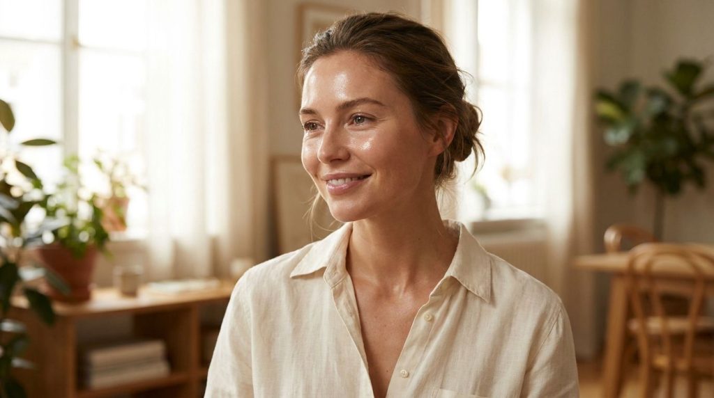 A serene woman with healthy glowing skin smiling softly representing the desired outcome of the beauty routine