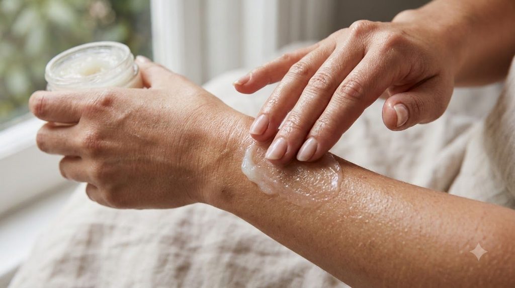 A person s hand gently applying the mixed Vaseline and baby oil balm to their arm showing moisturized skin
