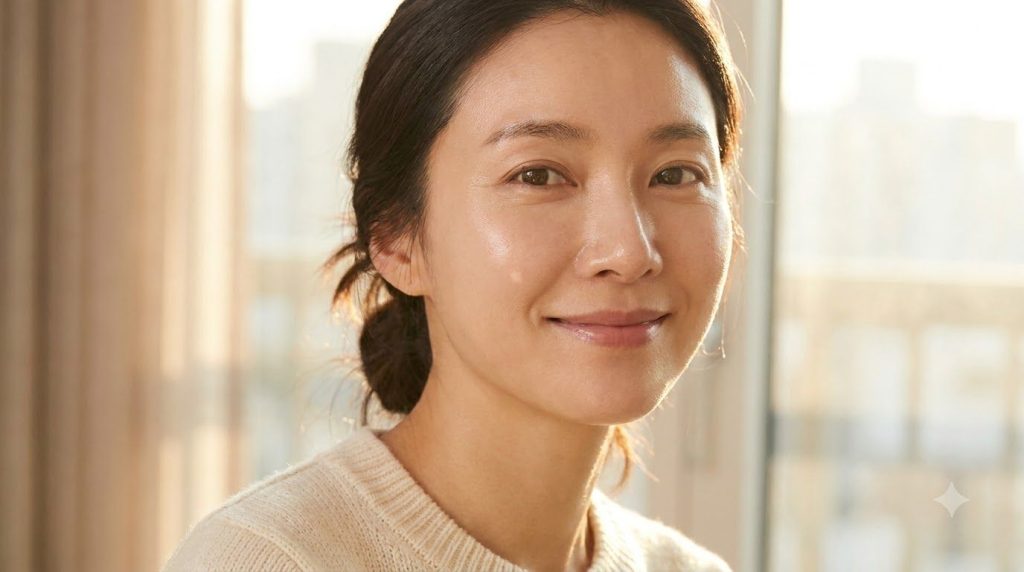 A woman with glowing clear and hydrated skin smiling gently showing a radiant and healthy complexion Her skin looks smoo