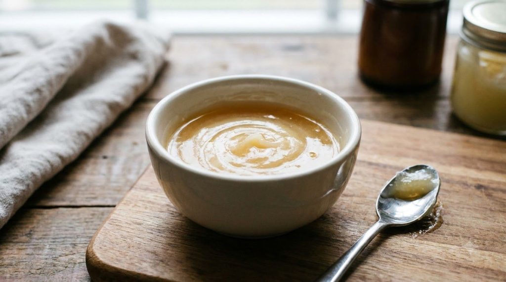A close-up of a small clean bowl with a mixture of honey and petroleum jelly stirred into a creamy consistency A small s