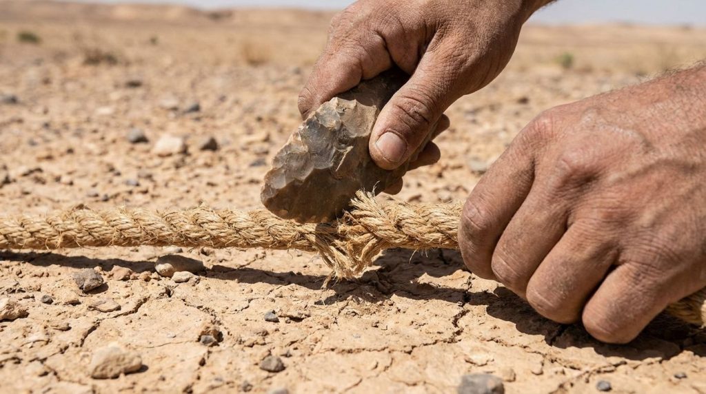 Hands carefully cutting a rope with a sharp stone in a survival scenario