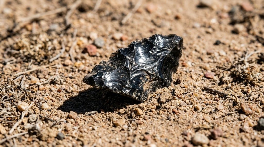 A close-up of a small sharp obsidian shard on desert ground