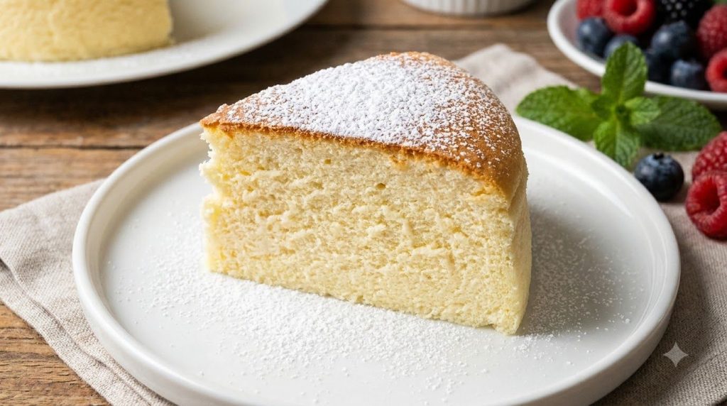 A slice of fluffy Japanese cheesecake on a plate dusted with powdered sugar showing its airy texture