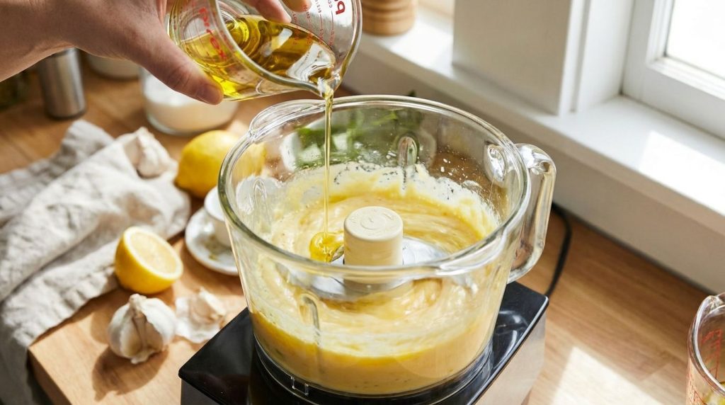 Thin stream of oil being drizzled into a food processor while making mayonnaise showing the emulsion forming