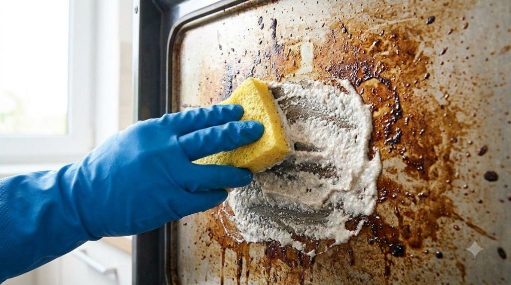 A hand wearing a glove applying a thick white paste to the interior of a very dirty oven with a sponge