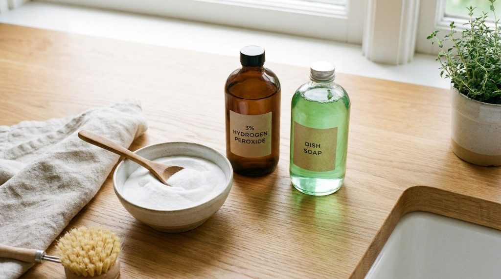 Ingredients baking soda hydrogen peroxide and green dish soap on a kitchen counter