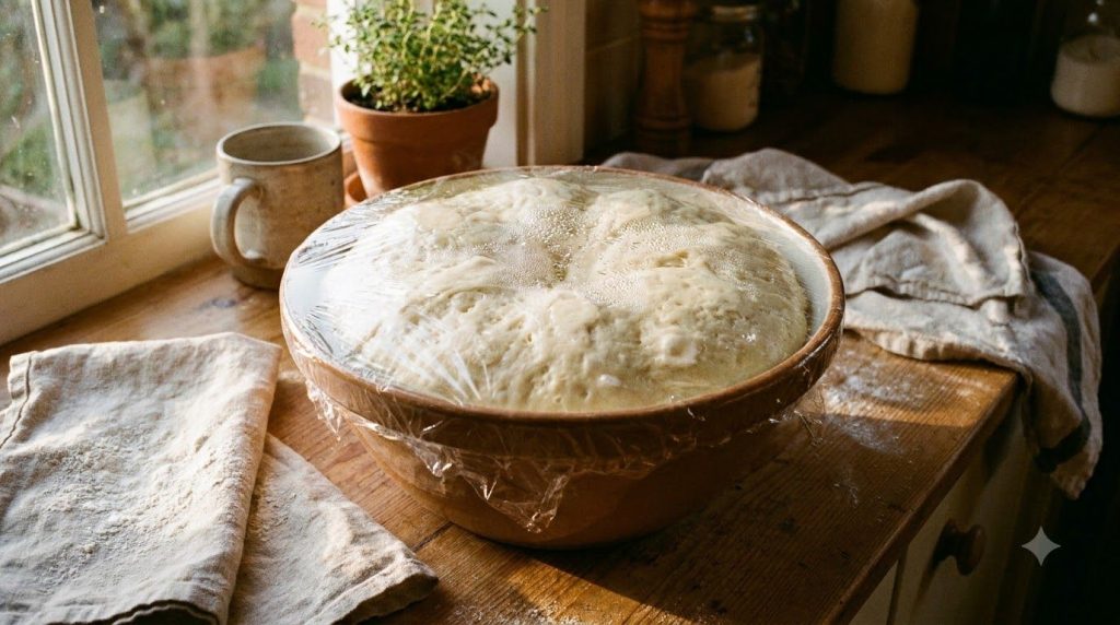 Soft potato bun dough risen in a bowl