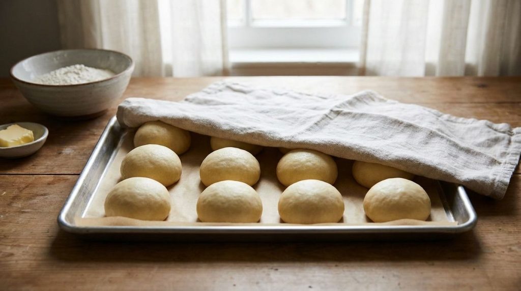 Unbaked potato buns shaped and rising on a parchment-lined baking sheet