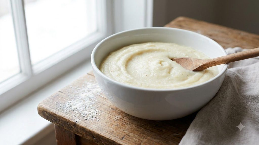 Smooth blended potato mixture in a bowl ready for bread dough