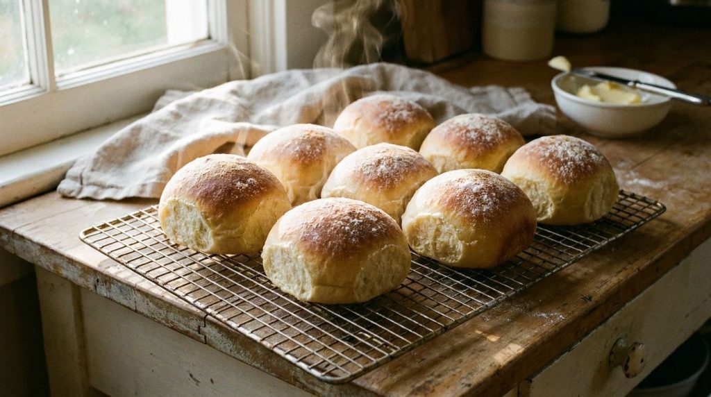 Golden potato buns cooling on a wire rack after baking