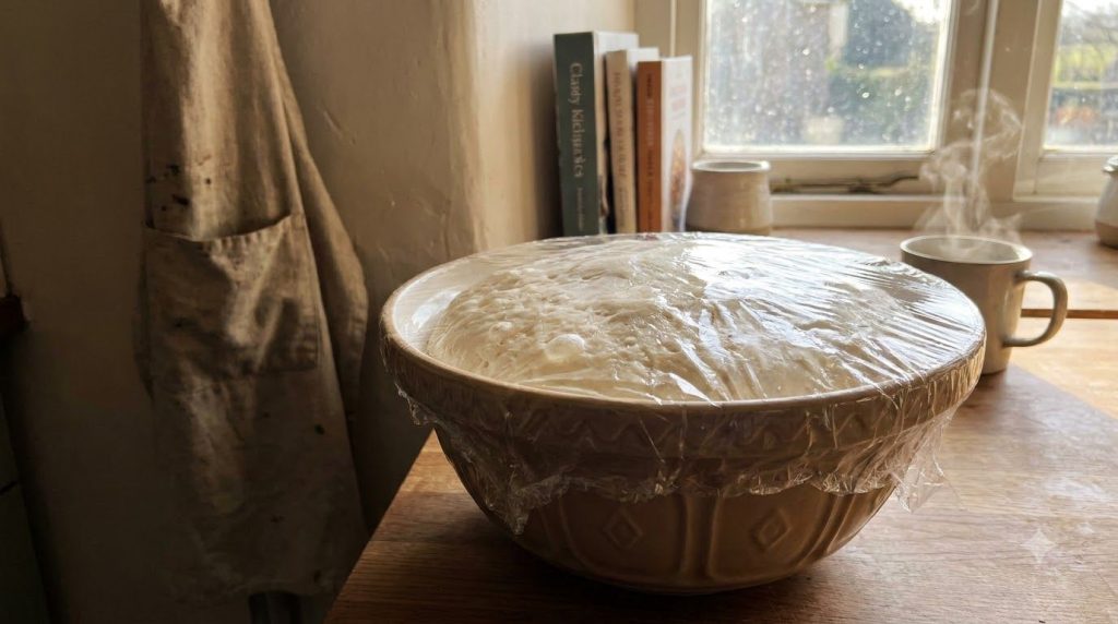 A large bowl of soft elastic dough covered with plastic wrap visibly risen and doubled in size after the first fermentat