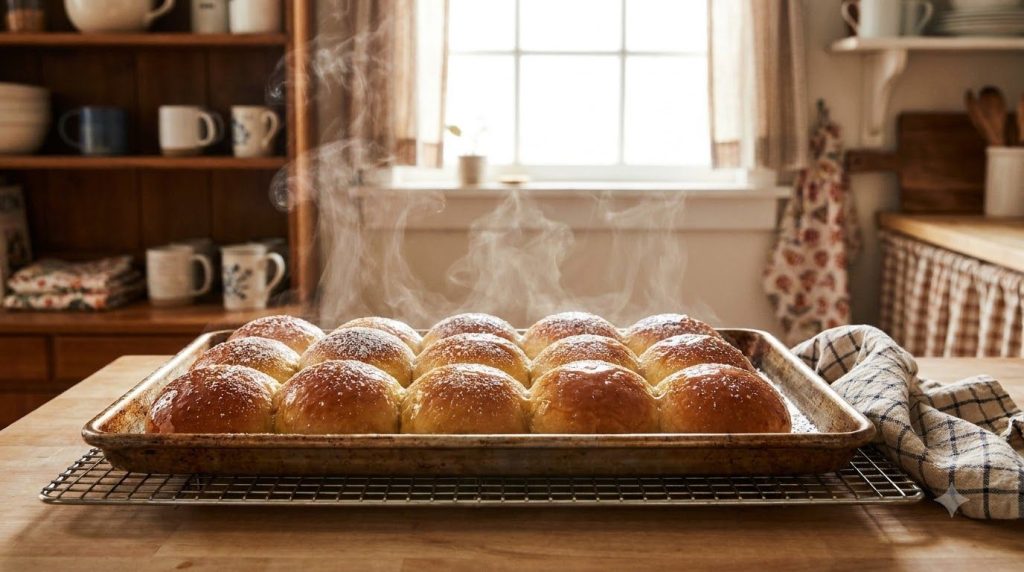 A baking sheet filled with golden-brown freshly baked honey-milk buns cooling on a wire rack with steam gently rising fr