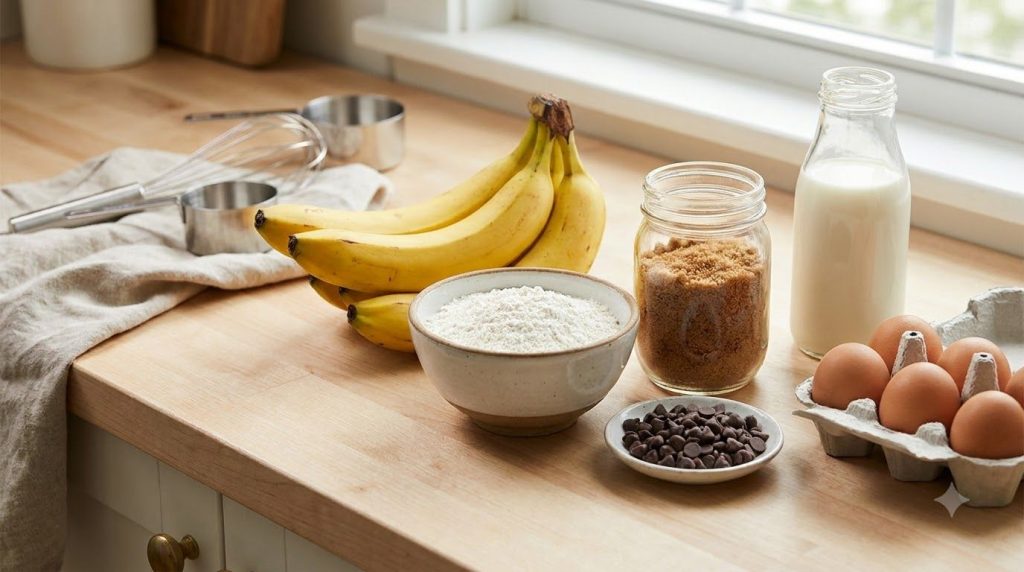 Ingredients laid out for chocolate chip banana muffins