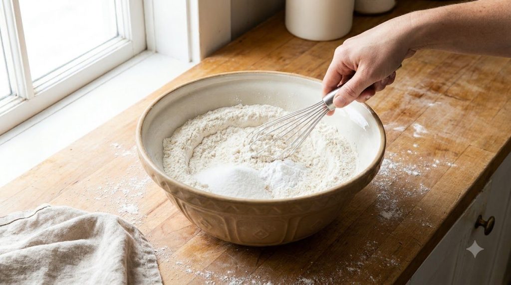 Dry ingredients for muffins being whisked in a bowl