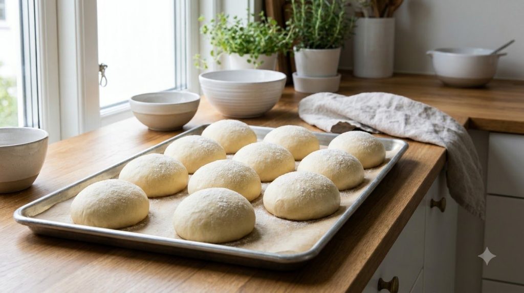 Rows of perfectly shaped unbaked honey-milk buns slightly expanded and puffed up on a parchment-lined baking sheet ready