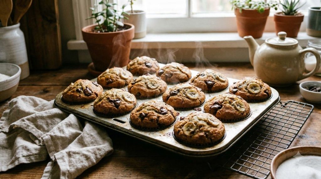 Freshly baked chocolate chip banana muffins in a muffin tin
