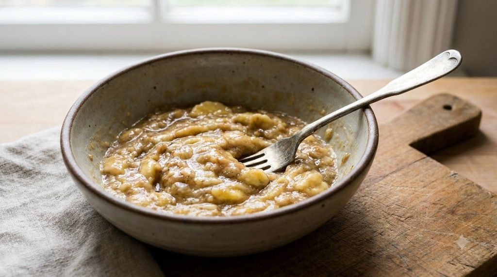 A bowl of mashed very ripe bananas with a fork