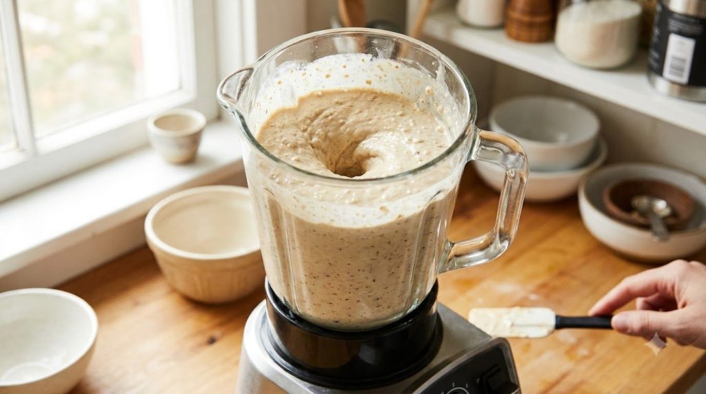 Blender with blended oatmeal mixture ready to be poured into a baking dish