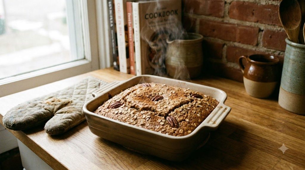 Freshly baked golden brown oatmeal cake in a square baking dish just out of the oven