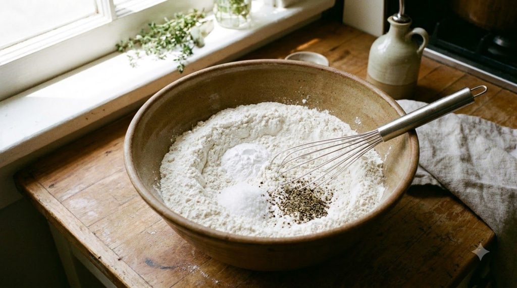 A large mixing bowl containing whisked dry ingredients for the bread including flour baking powder salt and spices