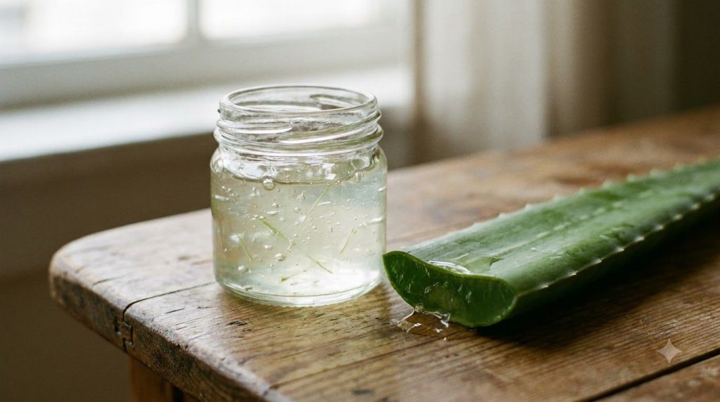 A small glass jar filled with fresh clear aloe vera gel possibly with a slice of aloe leaf next to it on a wooden surfac