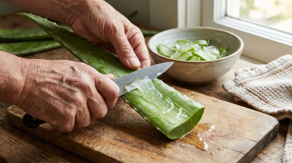A person s hands carefully filleting a freshly cut aloe vera leaf separating the clear gel from the green rind with a kn