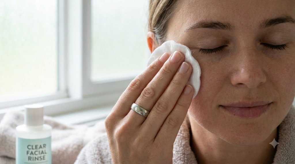 Woman gently applying alum facial rinse to her cheek with a cotton pad