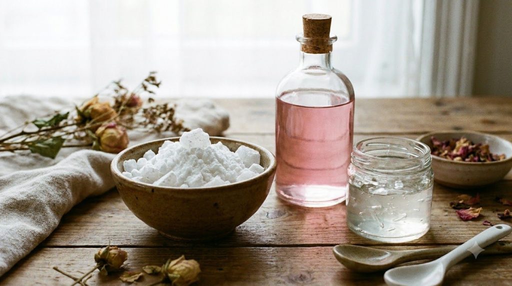 Ingredients for an alum skin tightening rinse a small bowl of white alum powder a bottle of rose water and a jar of aloe
