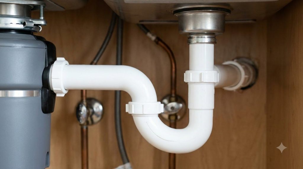 A clear diagram or photo showing a standard white rigid P-trap installed under a kitchen sink highlighting the water sea