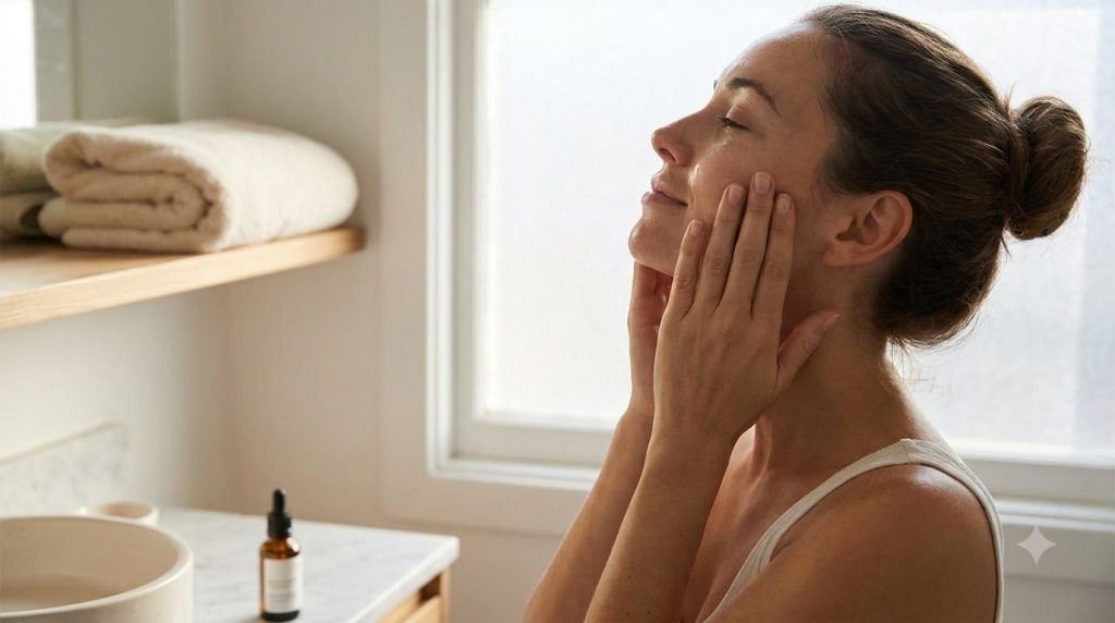 A woman gently patting her face after applying a clear liquid with a soft towel in the background in a clean bathroom se