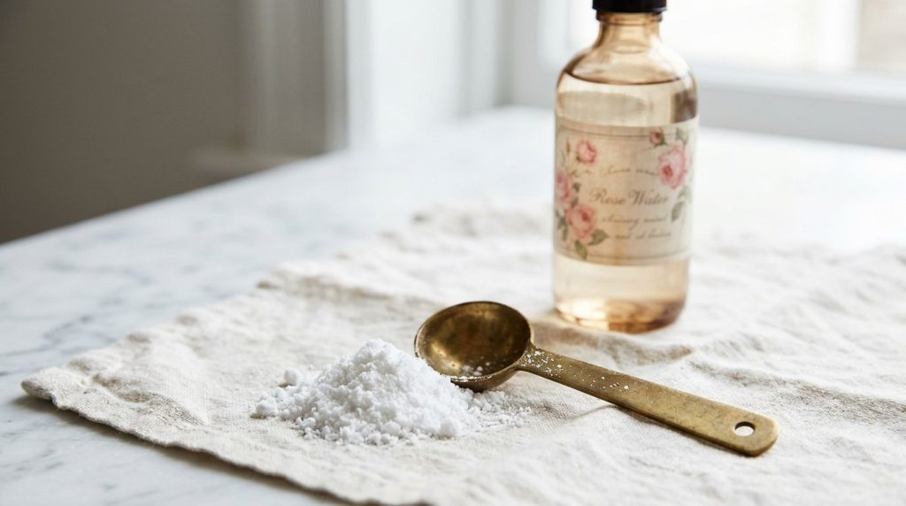 Close-up of a small amount of white powdered alum next to a measuring spoon with a bottle of rose water in the backgroun