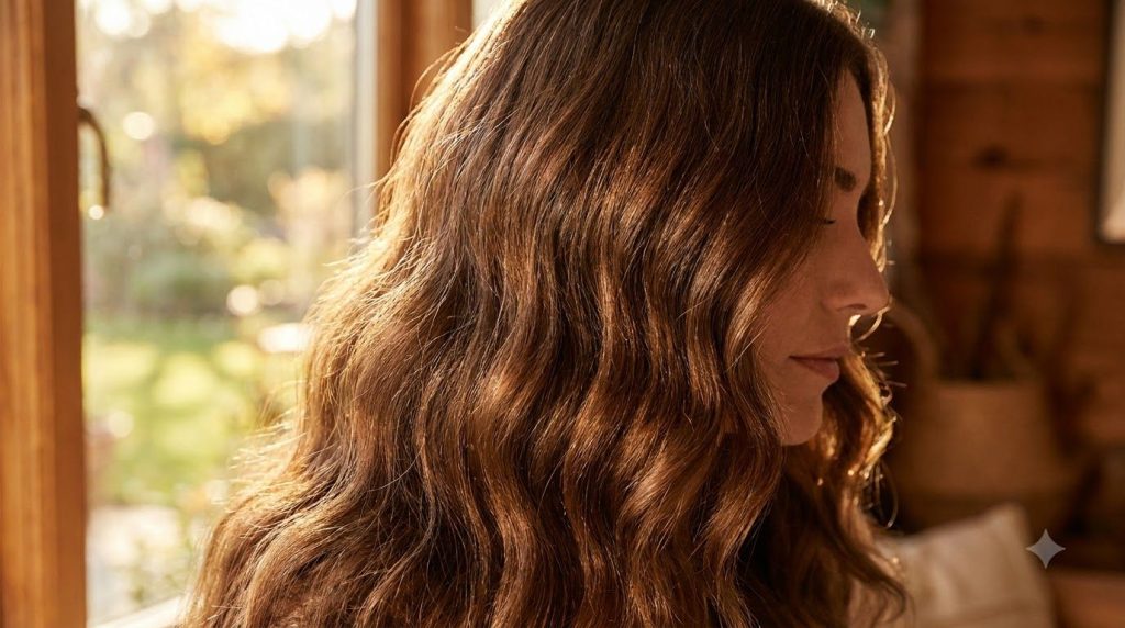 A close-up of a woman s healthy shiny hair showcasing its texture and volume with a soft blur in the background