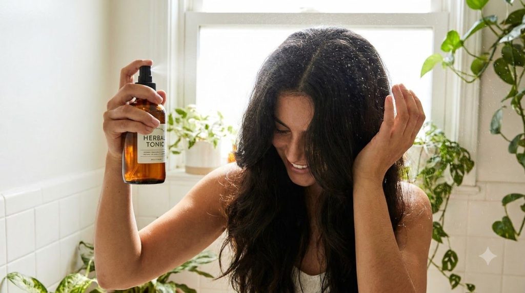 A woman gently spraying a homemade hair tonic onto her scalp with a focus on her hands and hair roots