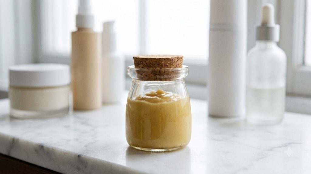 A small elegant glass jar of homemade golden aloe cream on a white vanity with a soft-focus background of skincare items