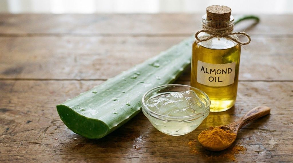 Close-up of ingredients for golden aloe cream on a wooden surface fresh aloe vera leaf a small bowl of extracted aloe ge