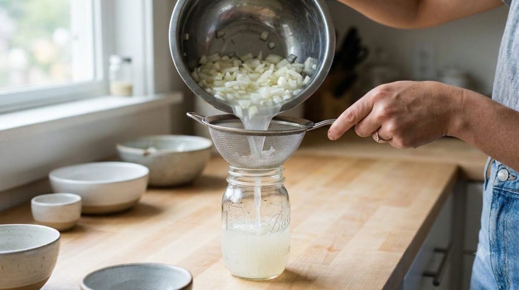Hands straining chopped onion water through a fine-mesh sieve into a glass jar