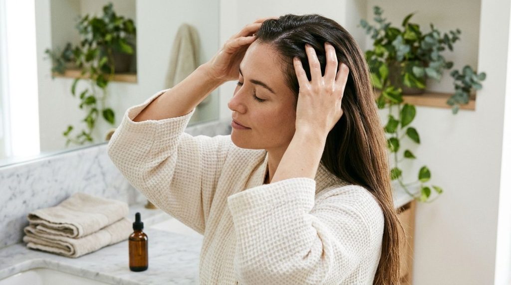 A woman with shiny healthy-looking hair applying a hair rinse to her scalp in a bathroom setting