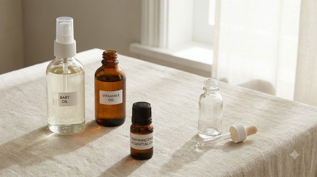 Various beauty ingredients including baby oil a bottle of vitamin E oil and a small bottle of frankincense essential oil