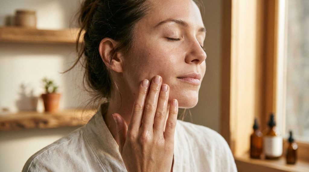 A person gently massaging a few drops of oil onto their face focusing on the cheek and jawline area with soft glowing sk