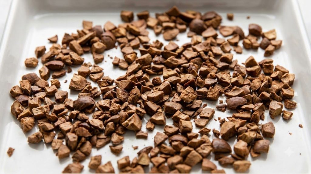 Close-up of chopped avocado seed pieces spread evenly on a baking sheet ready for drying The pieces are light brown and 