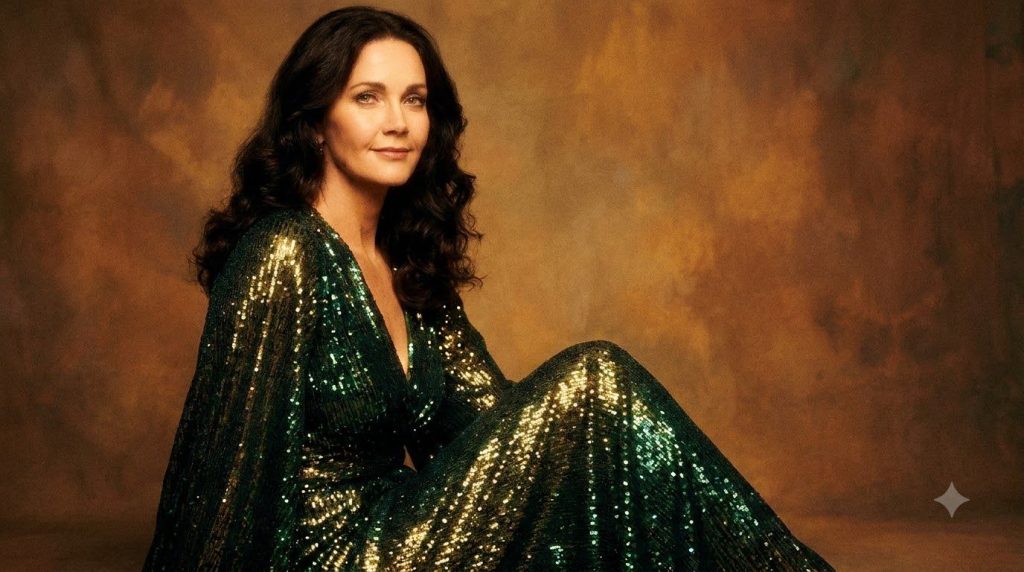 A real publicity photo of Lynda Carter from the late 1970s or early 1980s showing her elegant and glamorous style