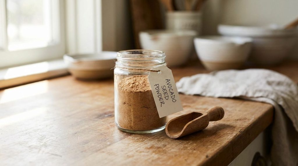 A small glass jar filled with light brown avocado seed powder with a label indicating Avocado Seed Powder The jar is sit