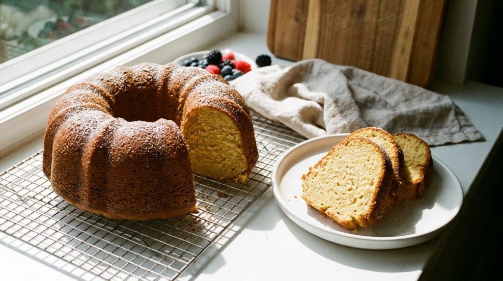 A perfectly golden-brown bundt cake cooling on a wire rack with slices of the cake arranged on a white plate revealing i