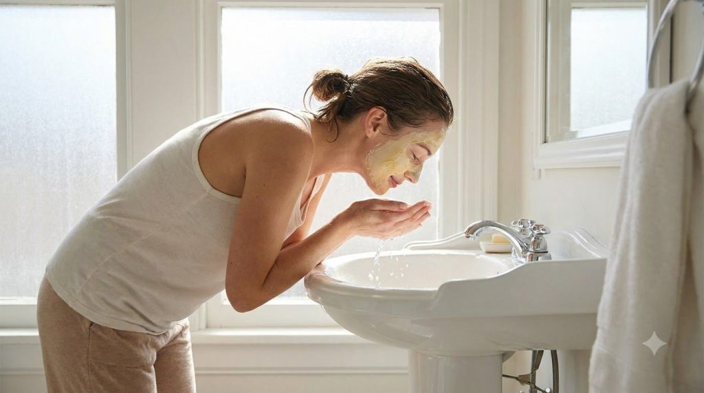 A woman rinsing her face gently over a sink removing a yellow mask with soft light illuminating her skin