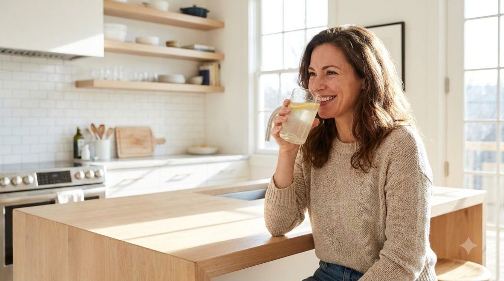 A woman smiling and taking a sip from a glass of a pale clear tonic drink in a bright clean kitchen